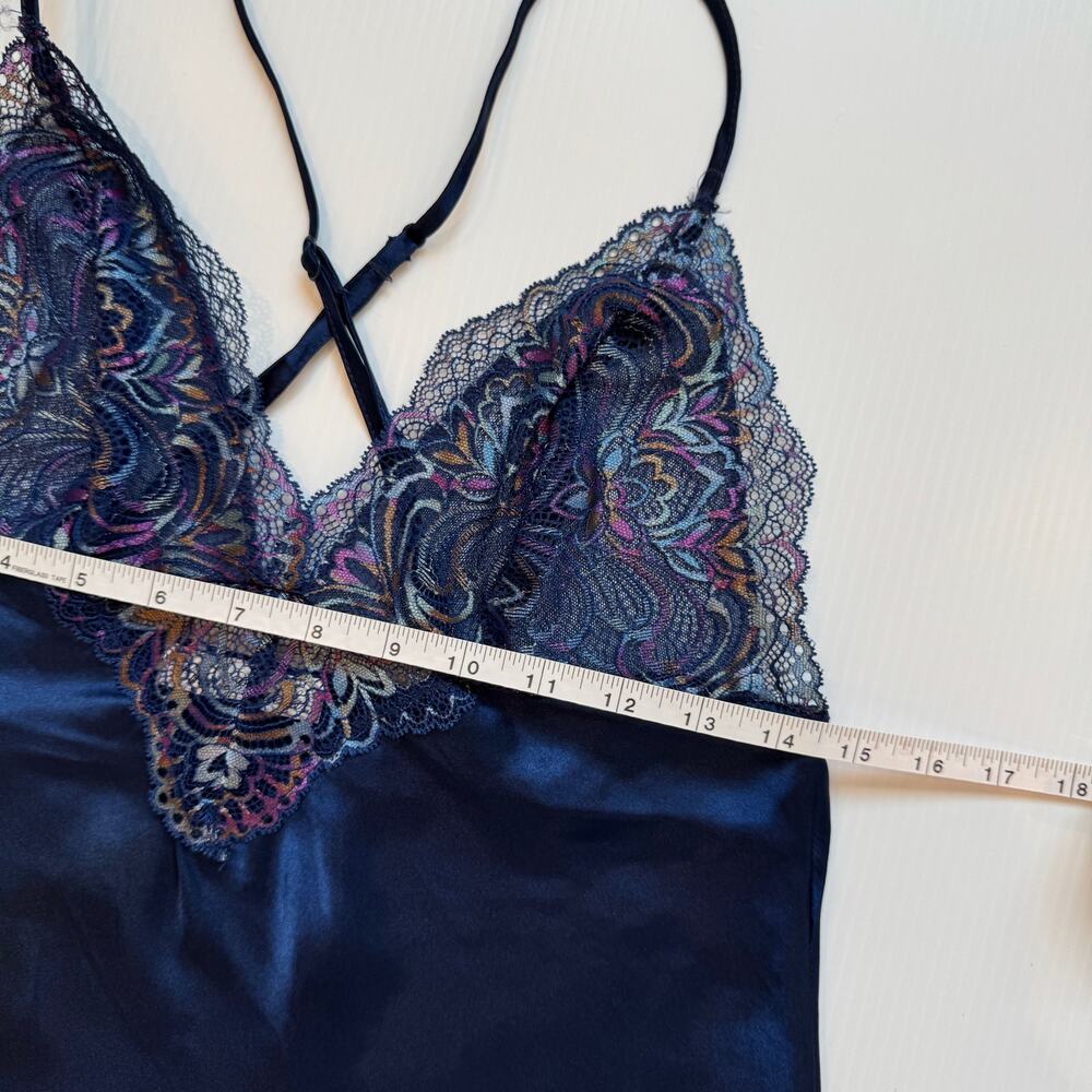 Y2K Satin Lace Babydoll Camisole Navy Lingerie Style Coquette Going Out Top Vtg - Picture 13 of 16